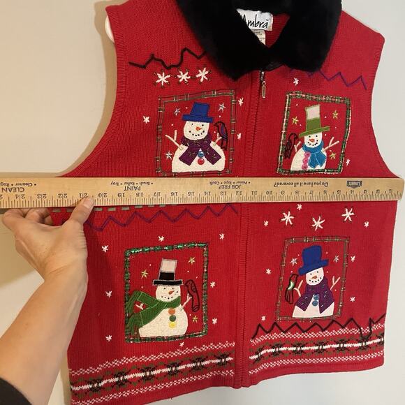 VTG AMBRA Christmas Sweater Vest Women XL Red Embroidered Snowman Faux Fur - Picture 4 of 6